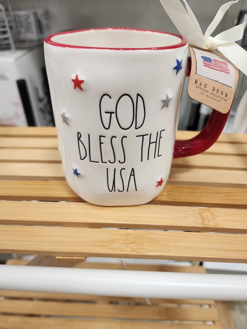 Rae Dunn Red Trim Patriotic Ceramic Mug - God Bless The USA